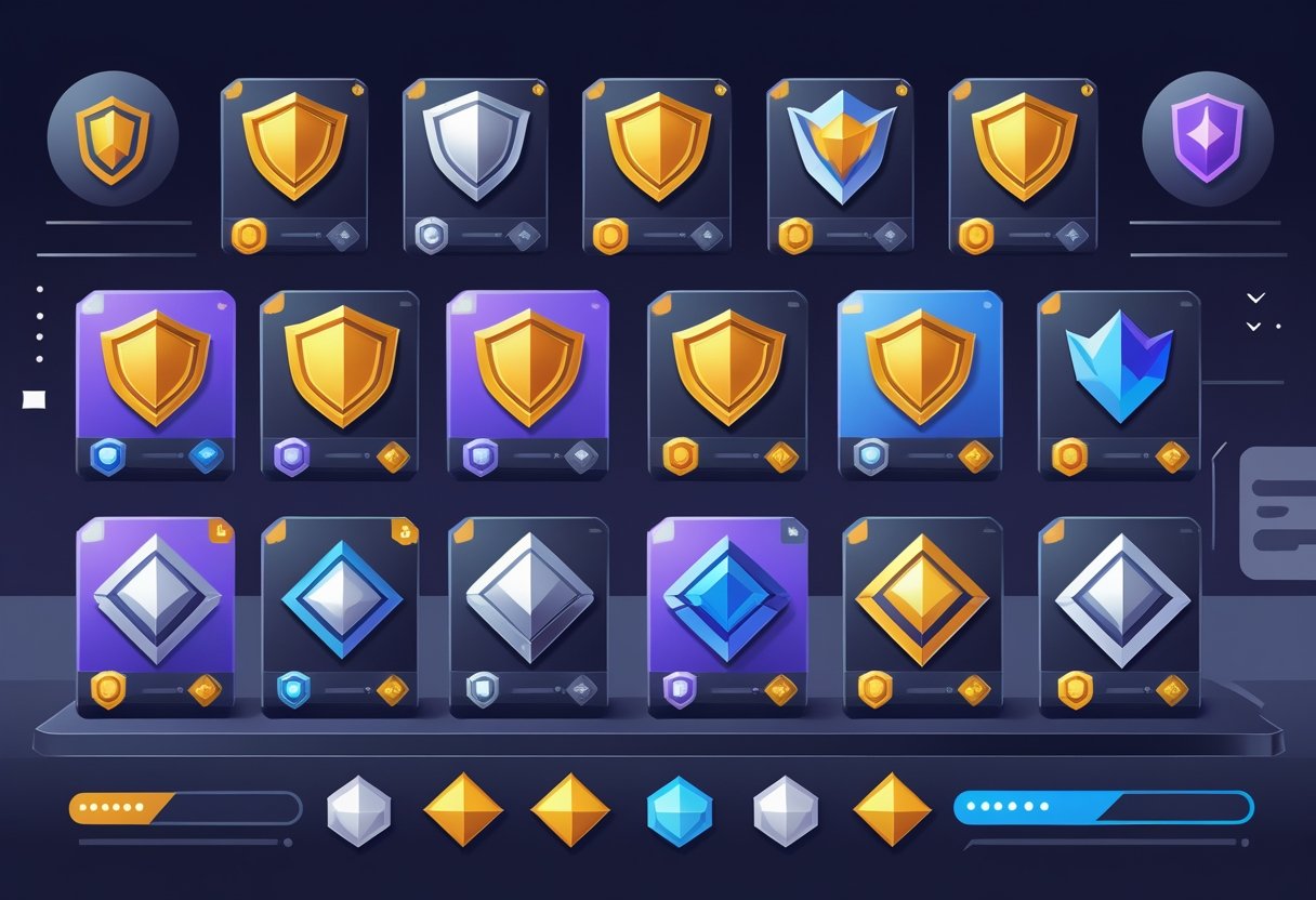 Illustration showing different ranked gaming account profiles with icons representing various skill levels arranged in an organized layout.