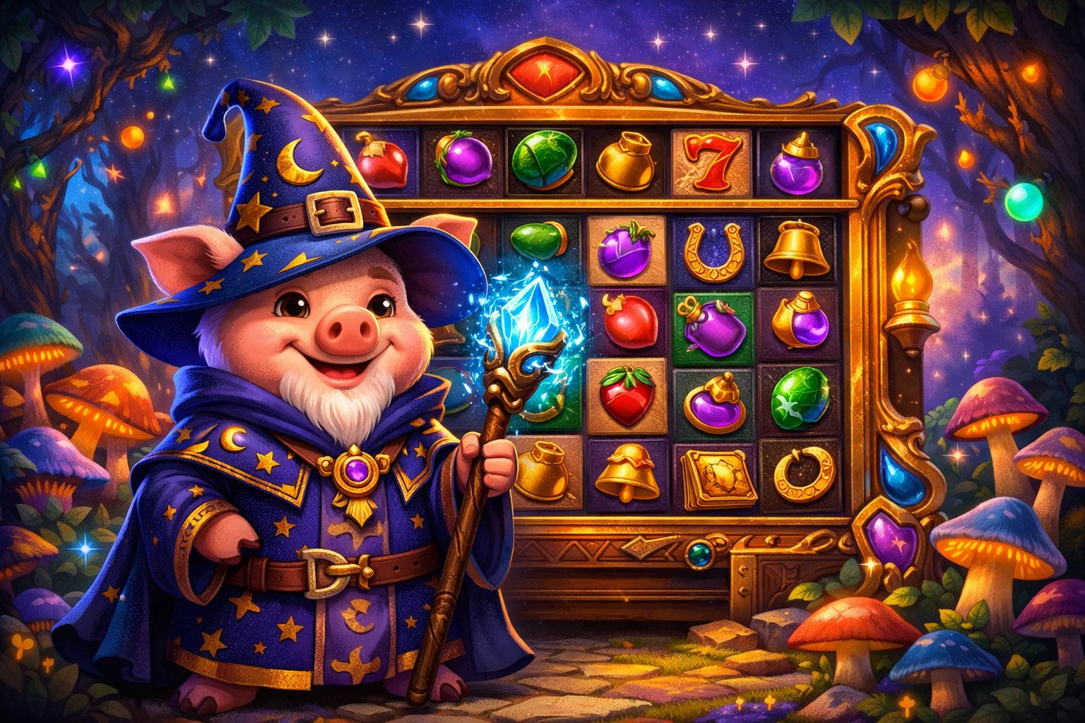 A Pig Dressed As A Wizard Stands In Front Of A Magical Slot Machine Surrounded By An Enchanted Forest With Glowing Lights.