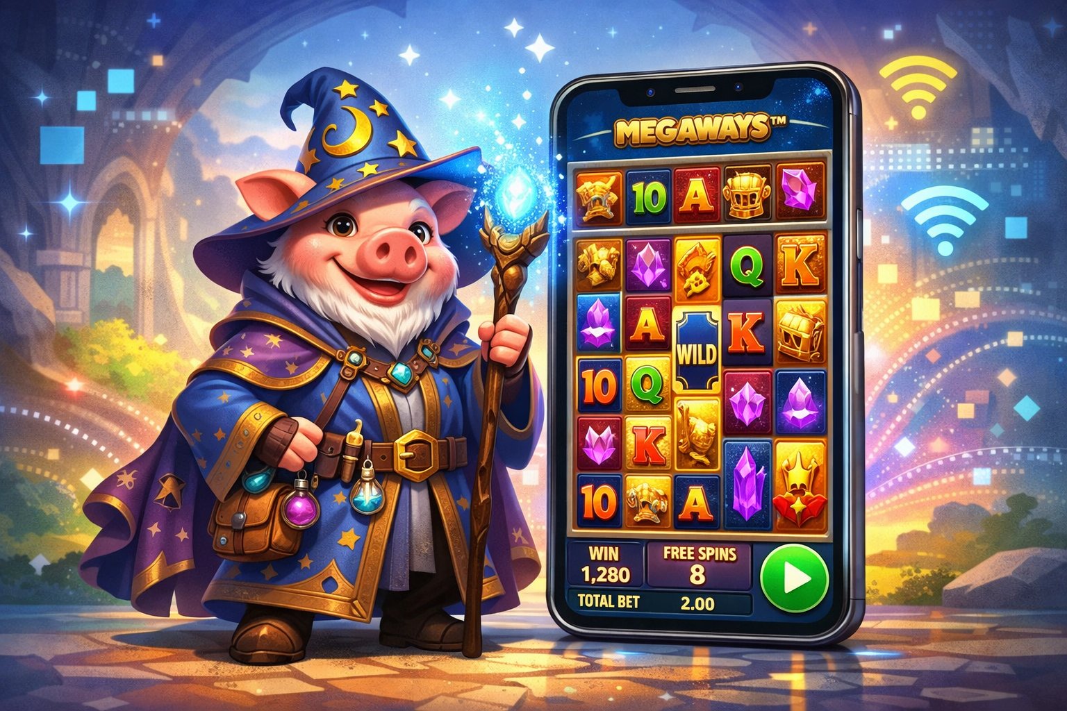 A Pig Wizard Character Stands Next To A Smartphone Showing A Colorful Slot Game Screen.