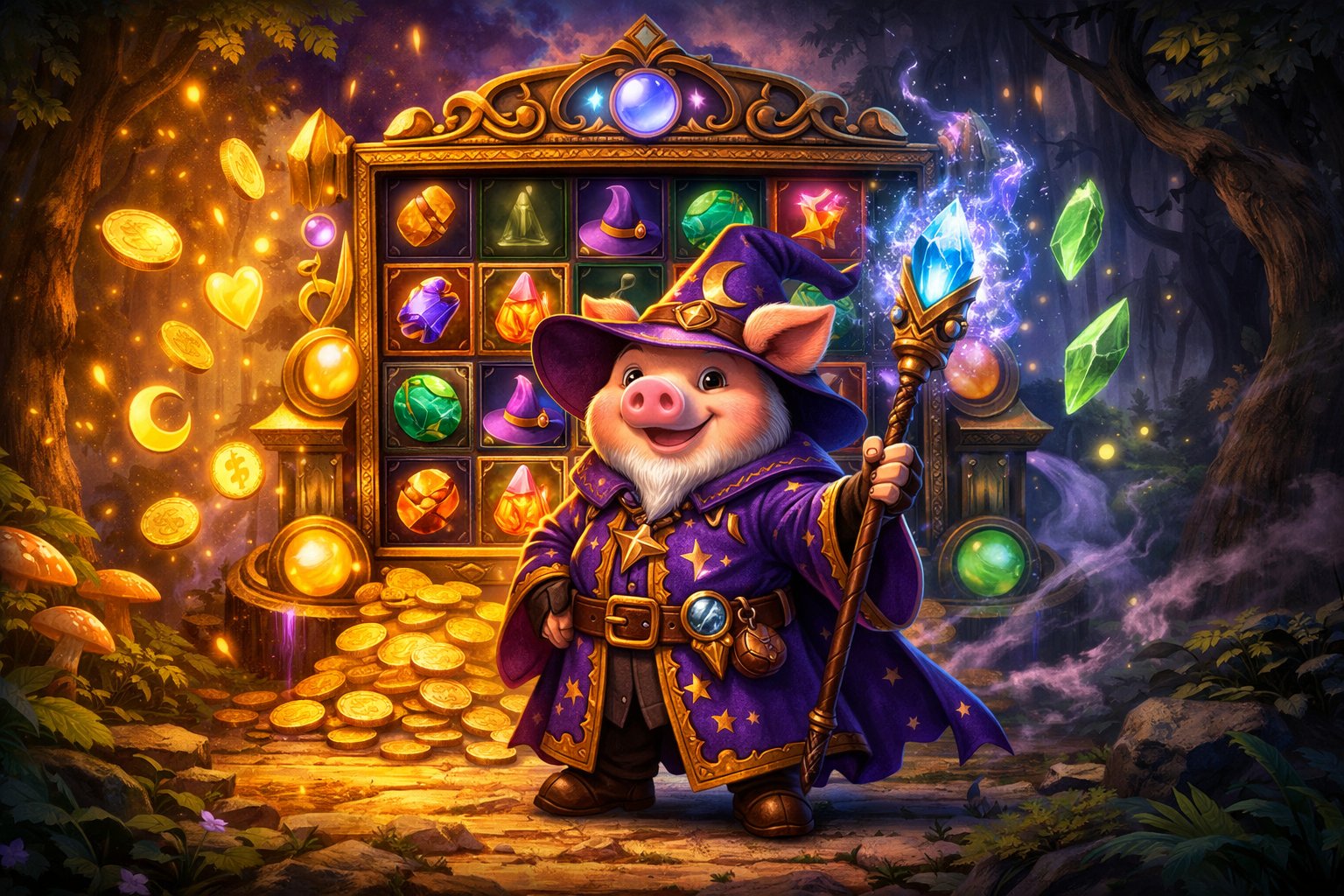 A Pig Dressed As A Wizard Stands Beside A Magical Slot Machine Surrounded By Glowing Coins And Mystical Symbols In An Enchanted Forest.