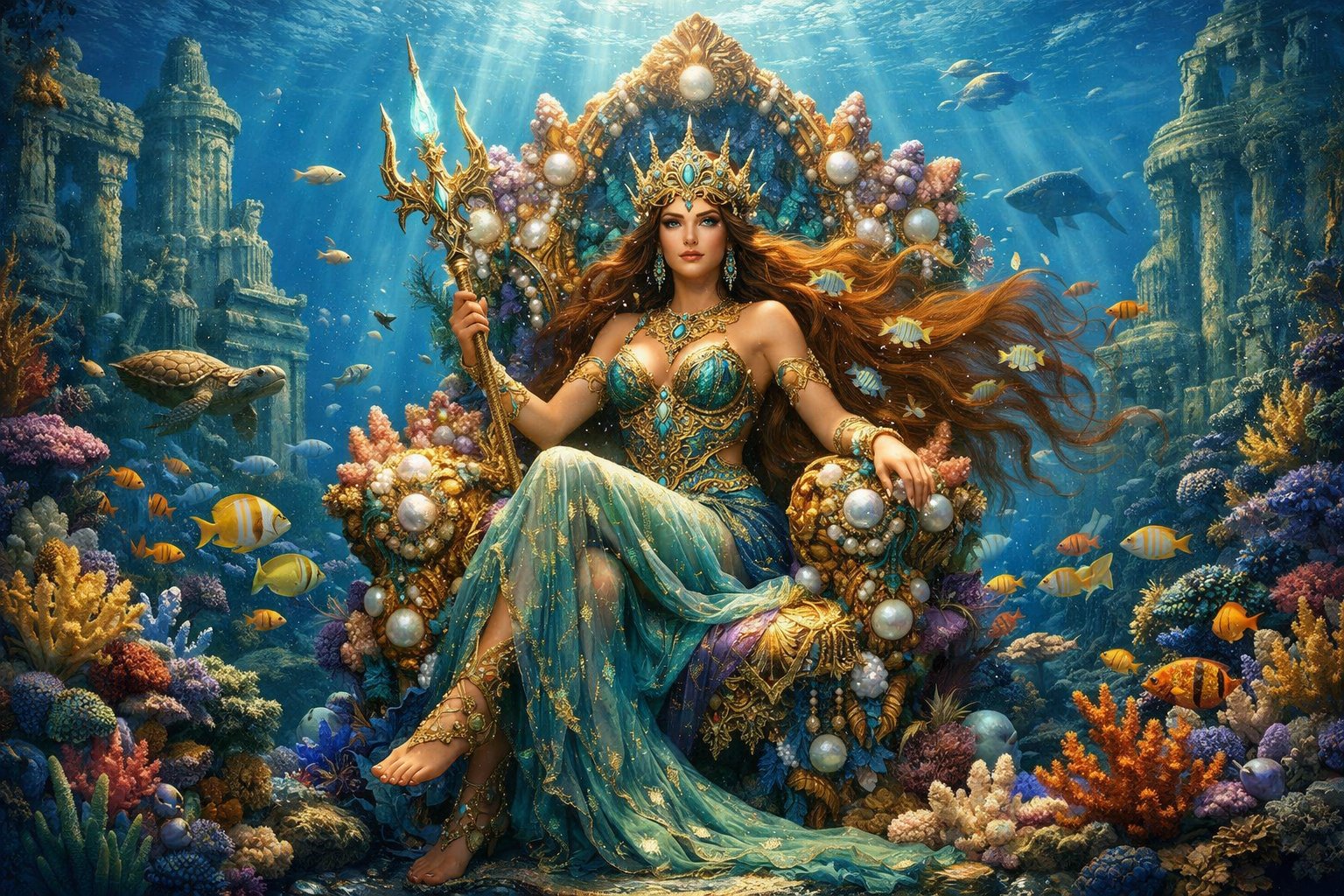 A Queen Seated On An Underwater Throne Surrounded By Coral, Fish, And Ruins Of Atlantis.