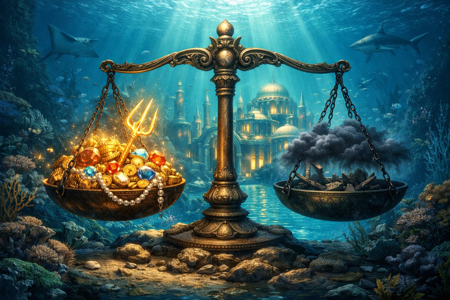 An Underwater Scene Showing A Balanced Scale With Treasures On One Side And Shadows On The Other, Set Against A Glowing Underwater City.