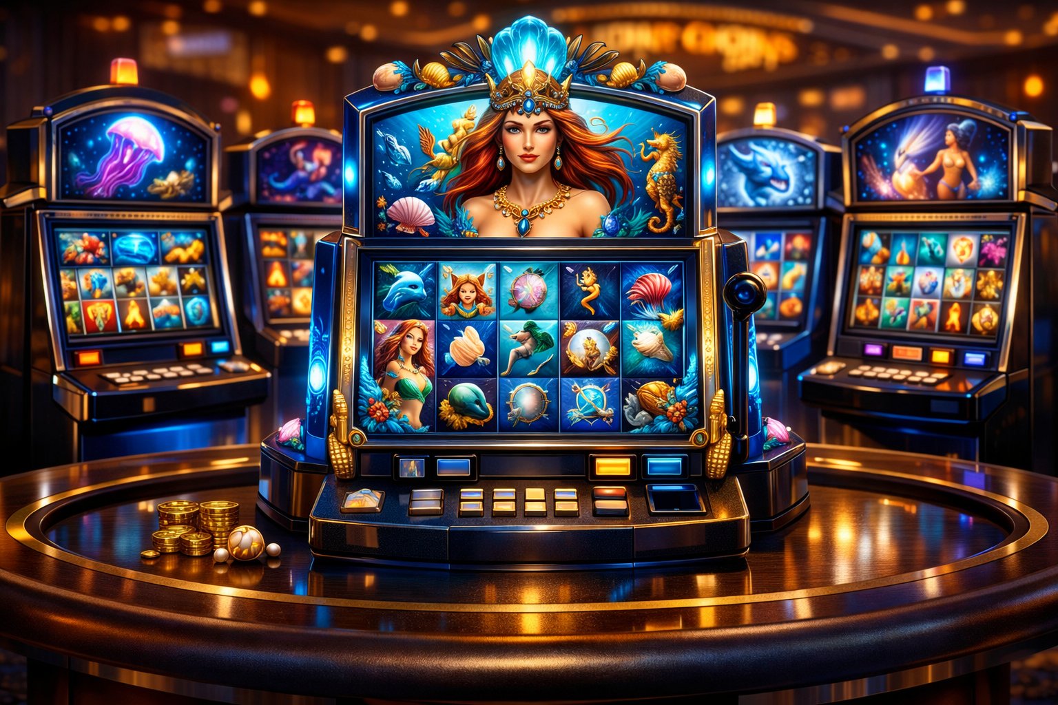 A Casino Table Featuring Several Colorful Slot Machines With Underwater And Mythical Sea Themes, Centered On A Slot Machine Showing A Queen Surrounded By Sea Creatures And Coral.