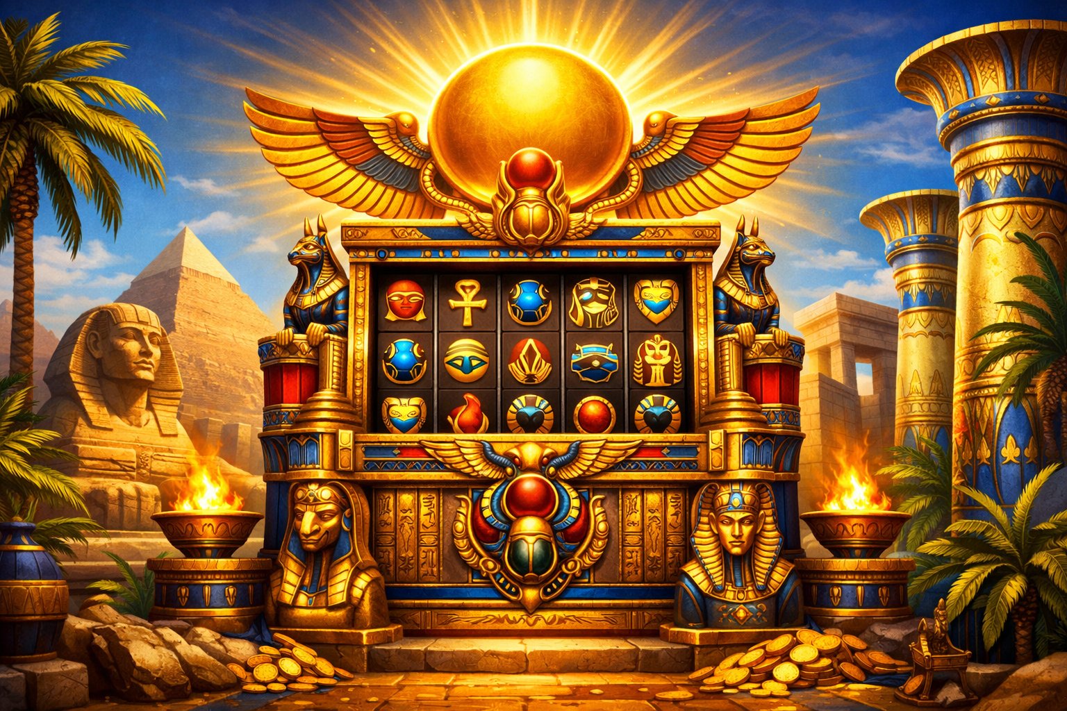 An Ancient Egyptian Scene Featuring A Golden Sun Disk Above A Decorated Slot Machine Surrounded By Pyramids, The Sphinx, And Palm Trees.