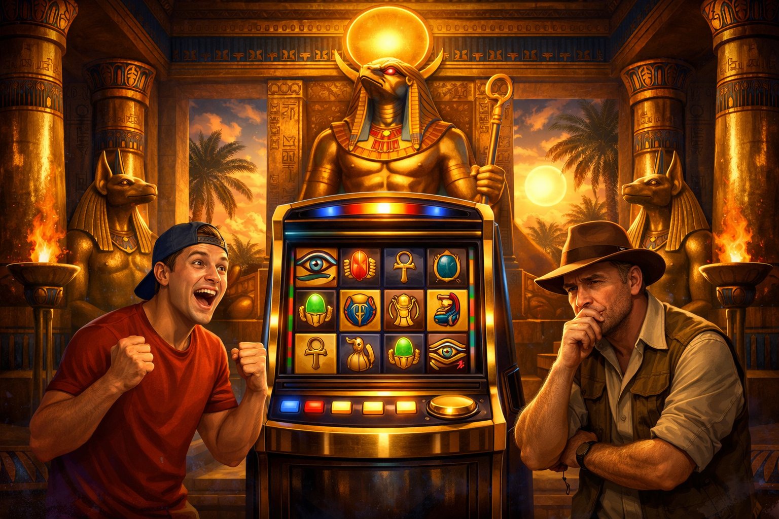 An Ancient Egyptian Temple Scene With A Glowing Slot Machine Featuring Egyptian Symbols, And Two People Showing Excitement And Thoughtfulness Nearby.