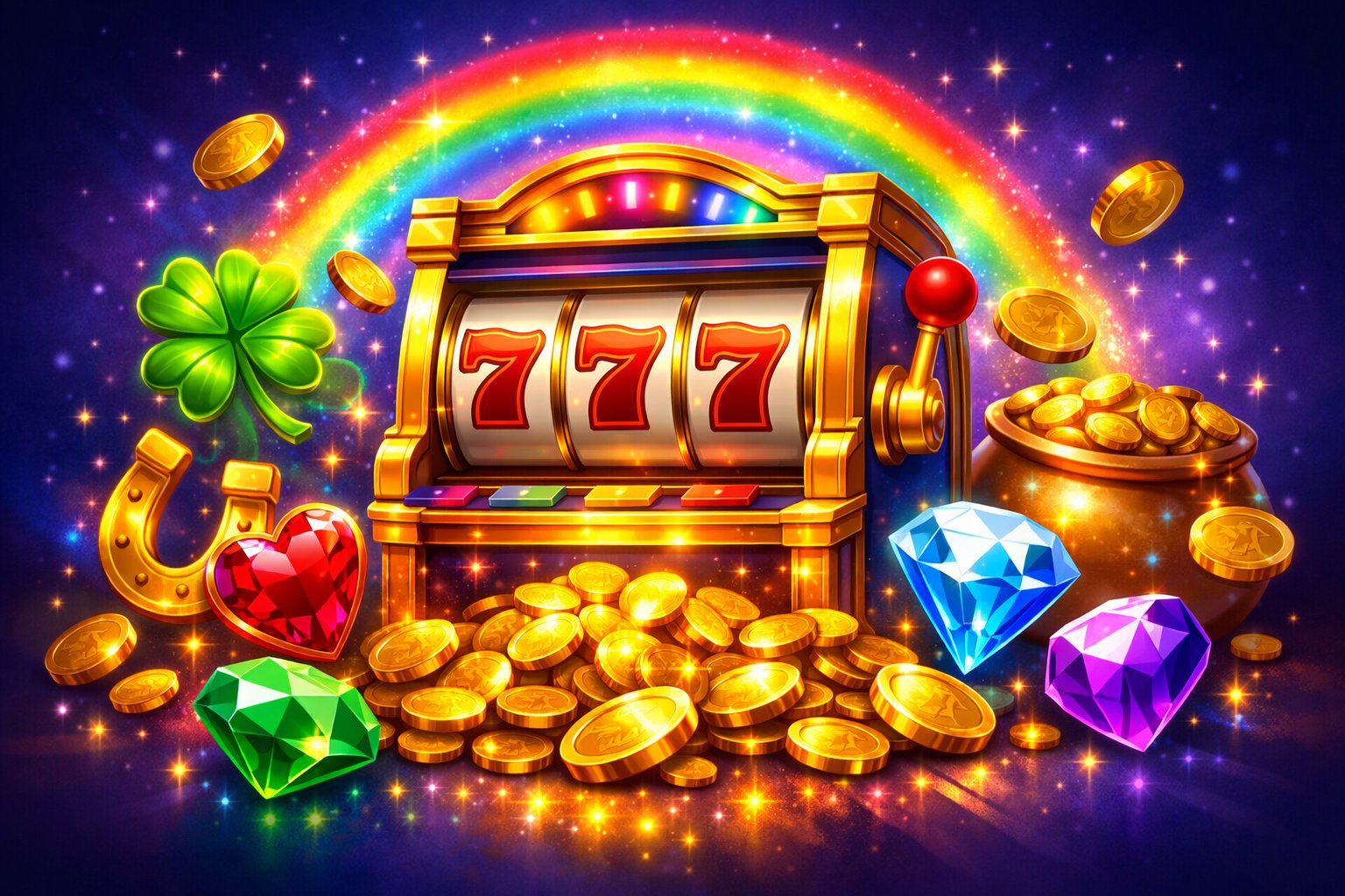 A Colorful Slot Machine With Gold Accents Surrounded By Gold Coins, Lucky Sevens, FourLeaf Clovers, And Colorful Gems Under A Glowing Rainbow Arch, Set Against A Sparkling Dark Background.