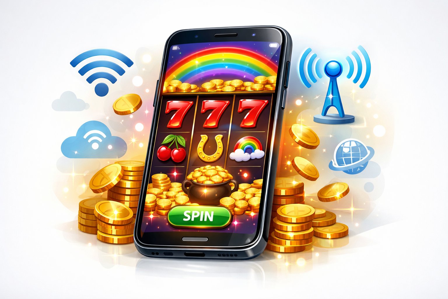 A Mobile Device Showing A Colorful Slot Game With Gold Coins And Rainbow Elements On The Screen.