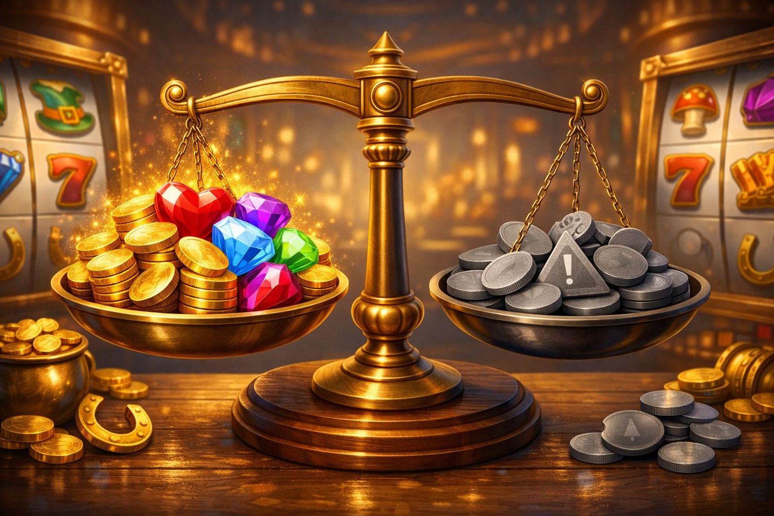 A Balanced Scale With Gold Coins And Rainbow Gems On One Side And Gray Tokens On The Other, Surrounded By Slot Machine Elements And A Casino Background.
