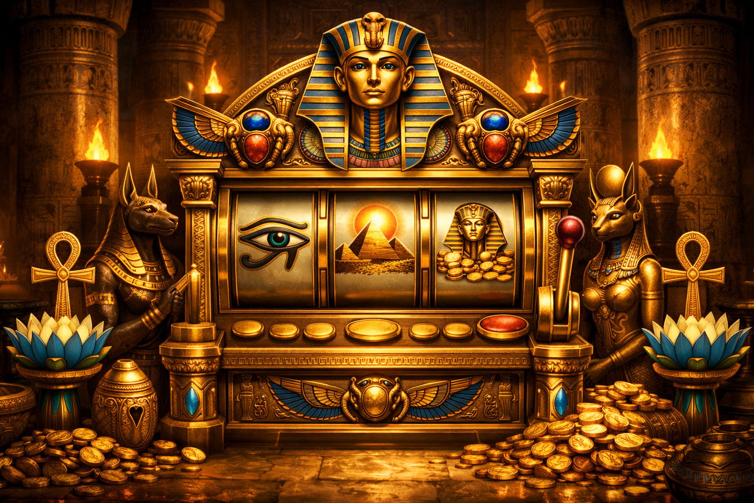 An Ancient EgyptianThemed Slot Machine Decorated With Gold, Hieroglyphics, And Symbols Like Scarabs And The Eye Of Horus, Set Inside A Temple With Stone Pillars And Torches.