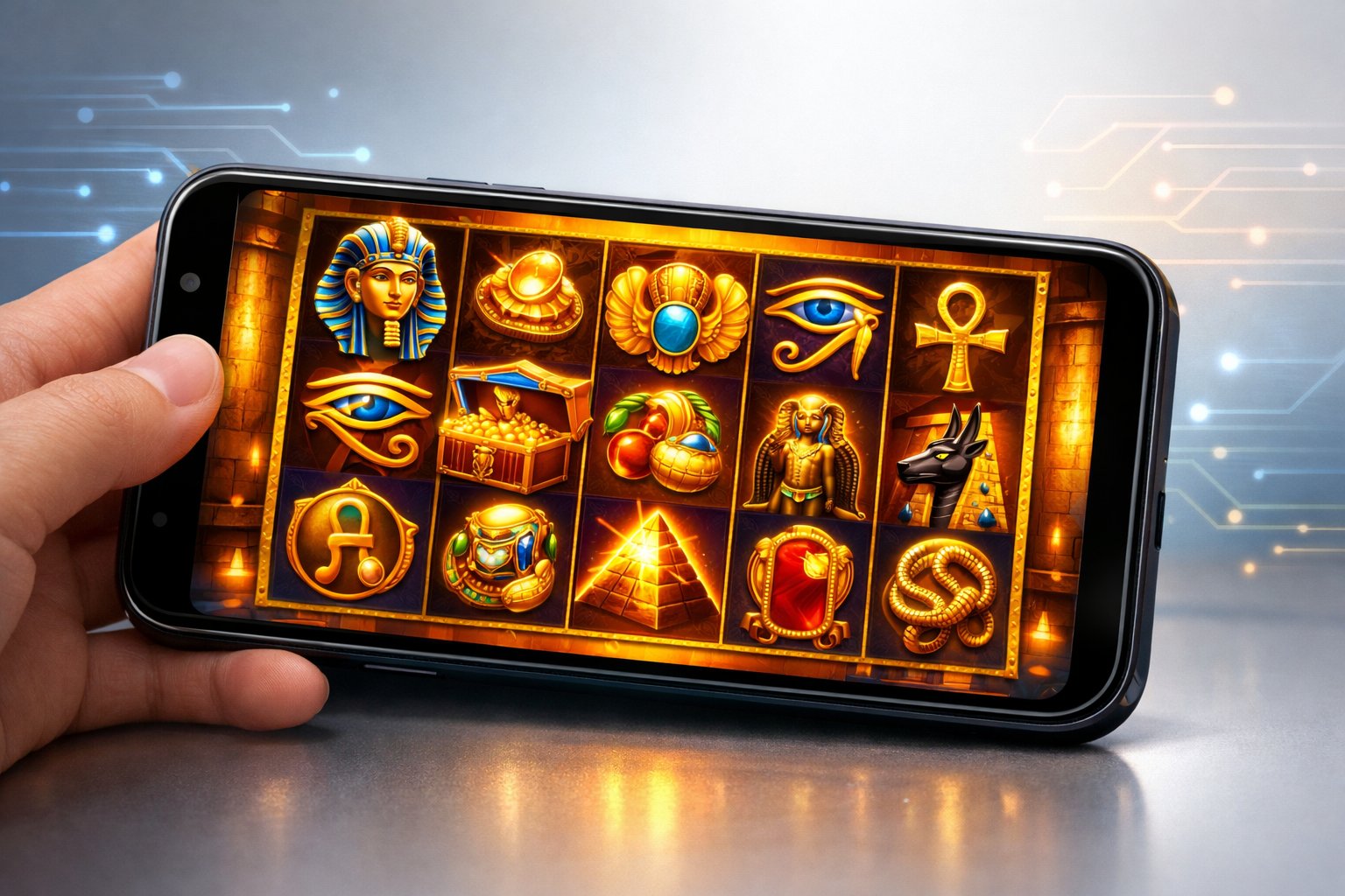 A Smartphone Displaying An Ancient EgyptianThemed Slot Game With Colorful Symbols Like Scarabs And Pharaohs On The Screen.