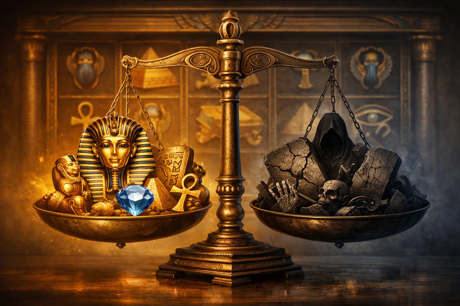 A Balanced Scale With Ancient Egyptian Artifacts On One Side And Cracked Stone Tablets On The Other, With A Faint Slot Machine In The Background.