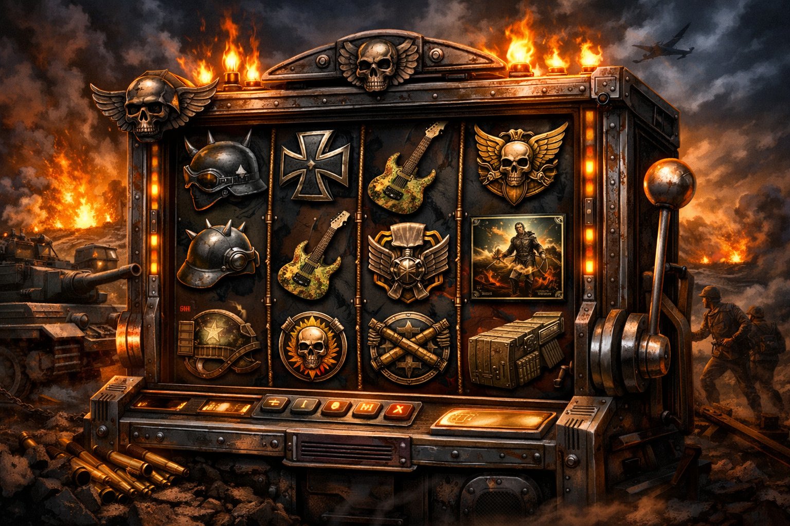 A Slot Machine With MilitaryThemed Symbols And A Battlefield Scene With Tanks And Soldiers In The Background.