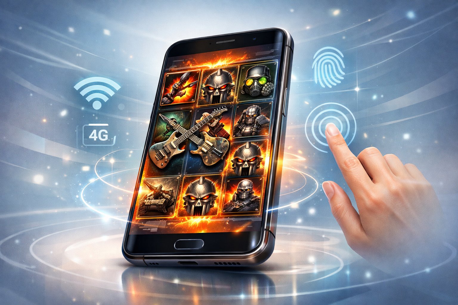 A Smartphone Showing A Colorful Slot Game With WarThemed Symbols, Surrounded By Digital Icons Representing Mobile Compatibility.