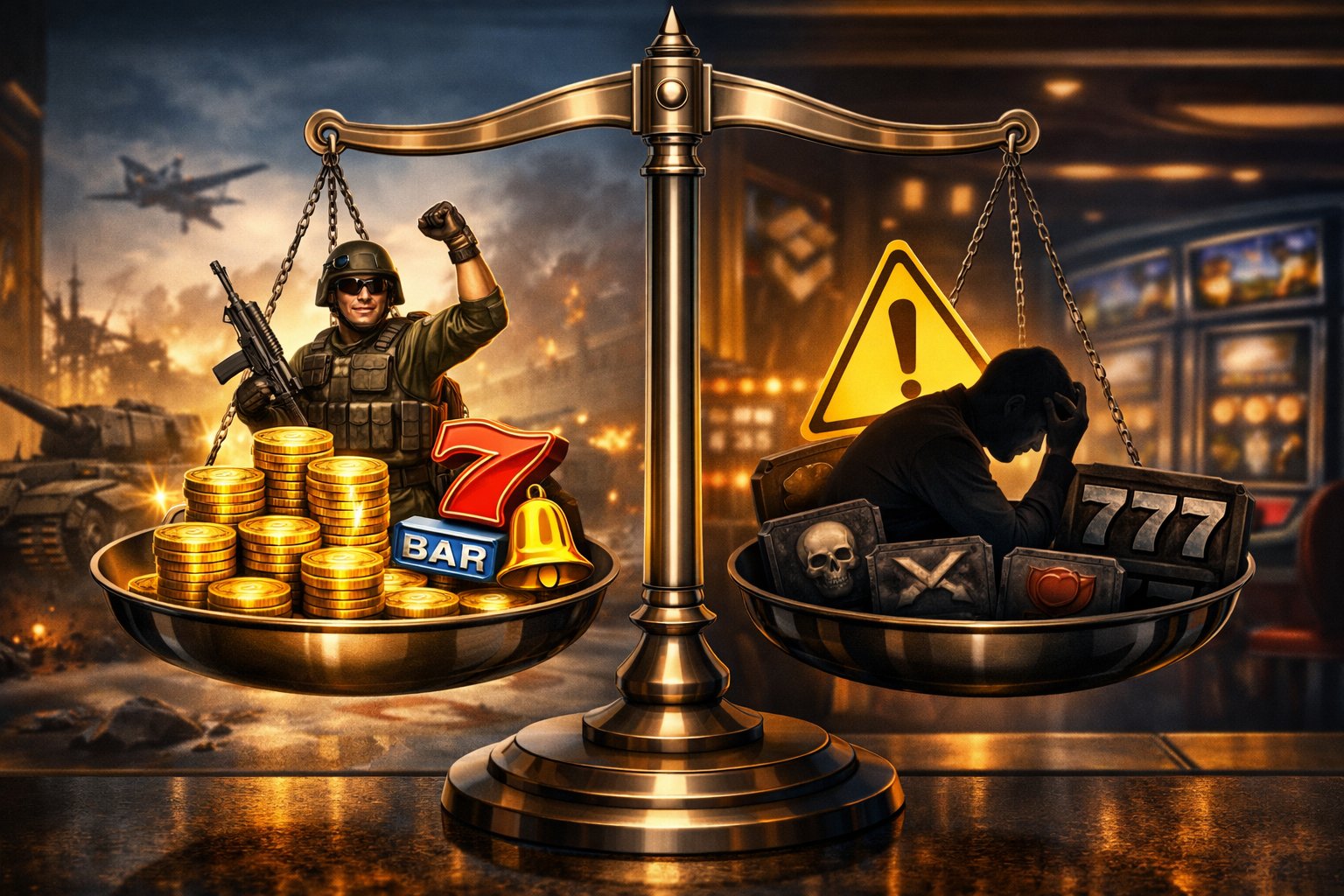 A Balanced Scale With Positive Symbols Like Gold Coins And A Soldier On One Side, And Negative Symbols Like A Caution Sign And A Frustrated Player On The Other, Set Against A WarThemed Slot Machine Background.