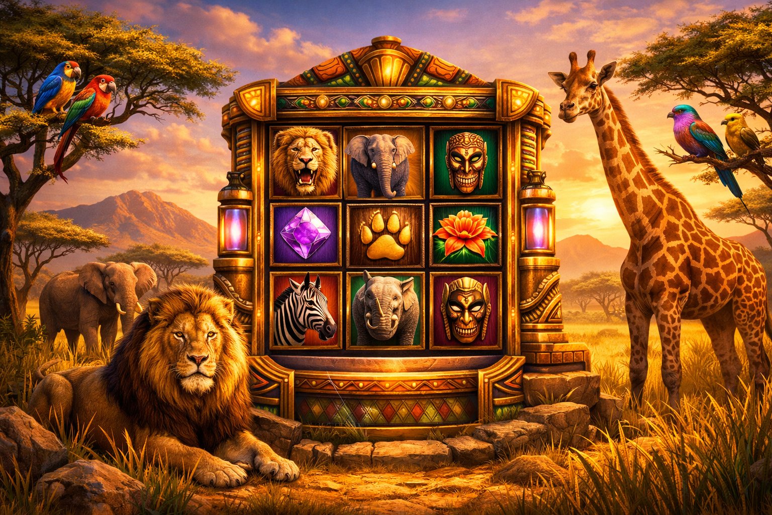 A SafariThemed Slot Machine Surrounded By African Animals Like Lions, Giraffes, And Elephants In A Savanna Landscape At Sunset.