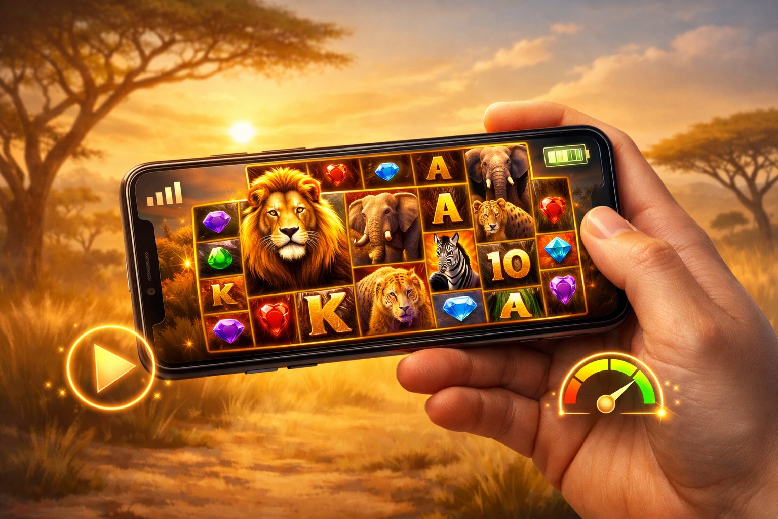 A Hand Holding A Smartphone Showing Colorful SafariThemed Slot Reels With Animals And Gold Accents, Set Against A Warm Golden Background.