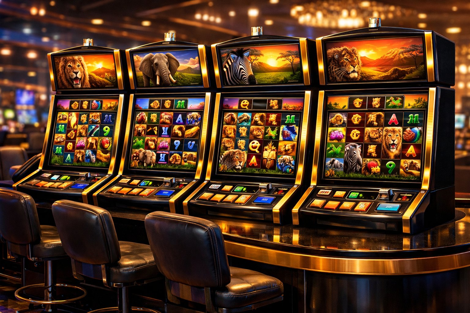 A Casino Table With Several SafariThemed Slot Machines Showing Animal Symbols And Vibrant Colorful Screens.