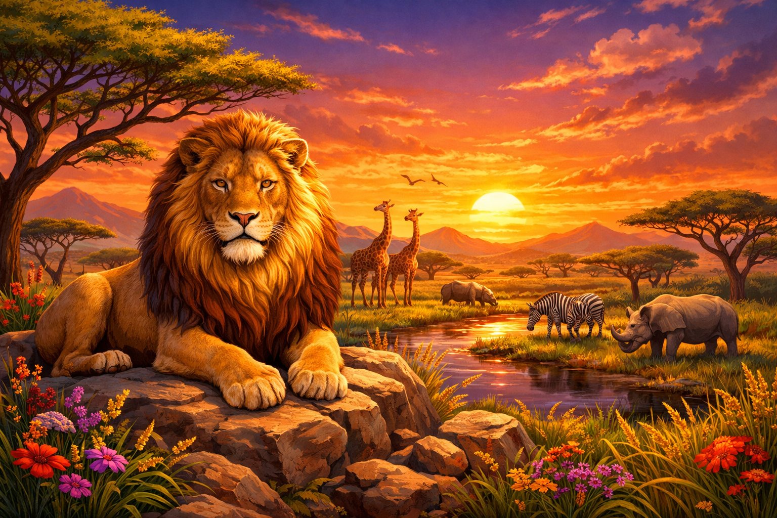 A Majestic Lion Sitting On A Rock In An African Savanna With Elephants, Giraffes, Zebras, And A Colorful Sunset In The Background.