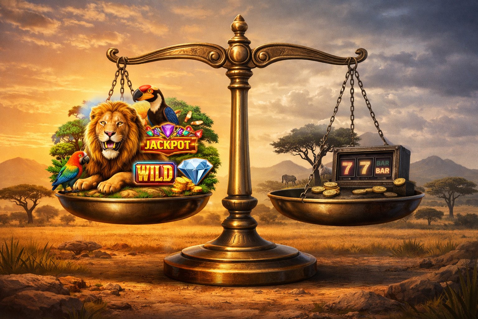 A Balanced Scale With A Lion And Colorful Birds On One Side And Muted Elements On The Other, Set Against An African Savannah Landscape At Sunset.