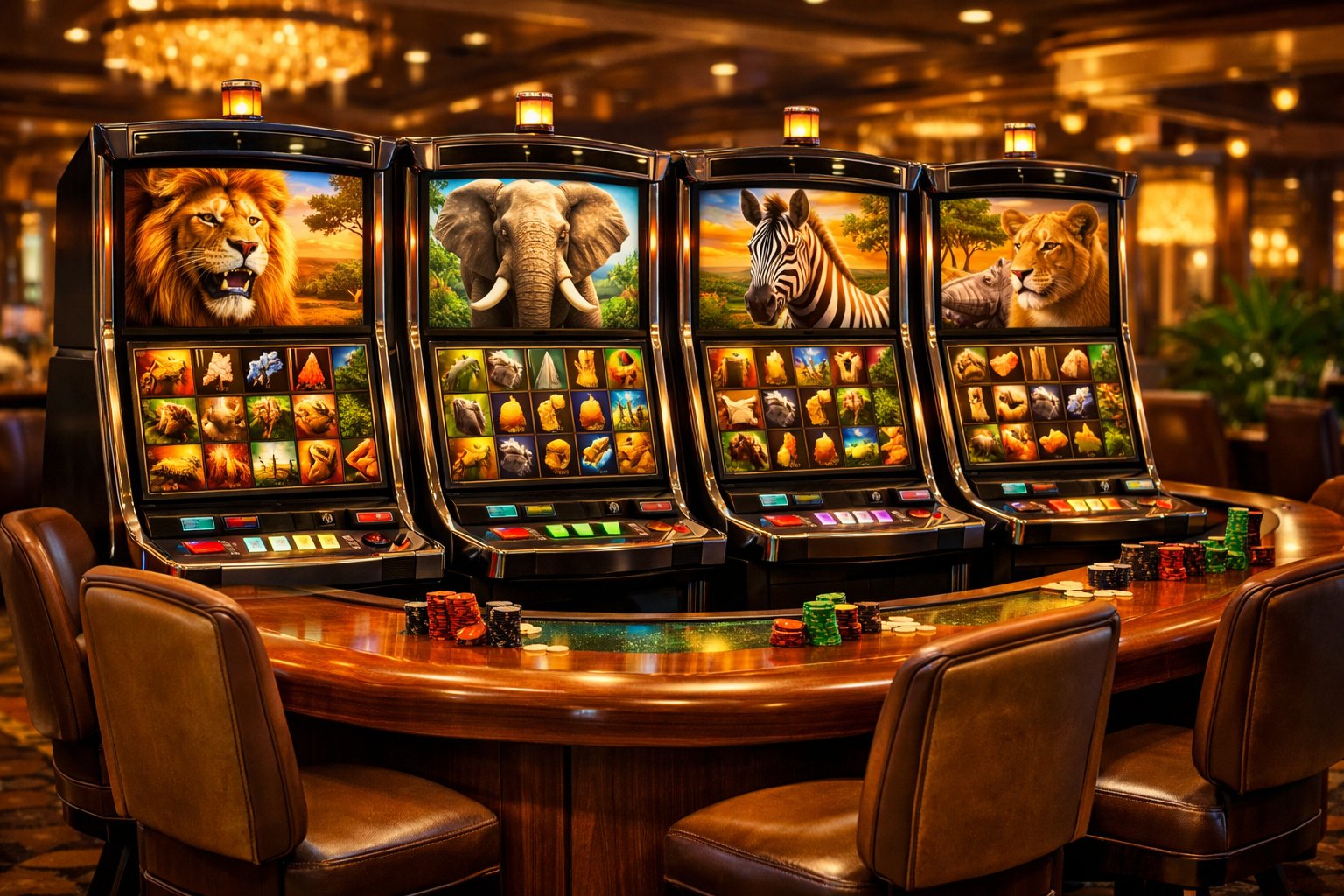 A Casino Table With Several SafariThemed Slot Machines Showing Jungle Animals Like Lions And Elephants, Surrounded By Chairs In A Warmly Lit Room.
