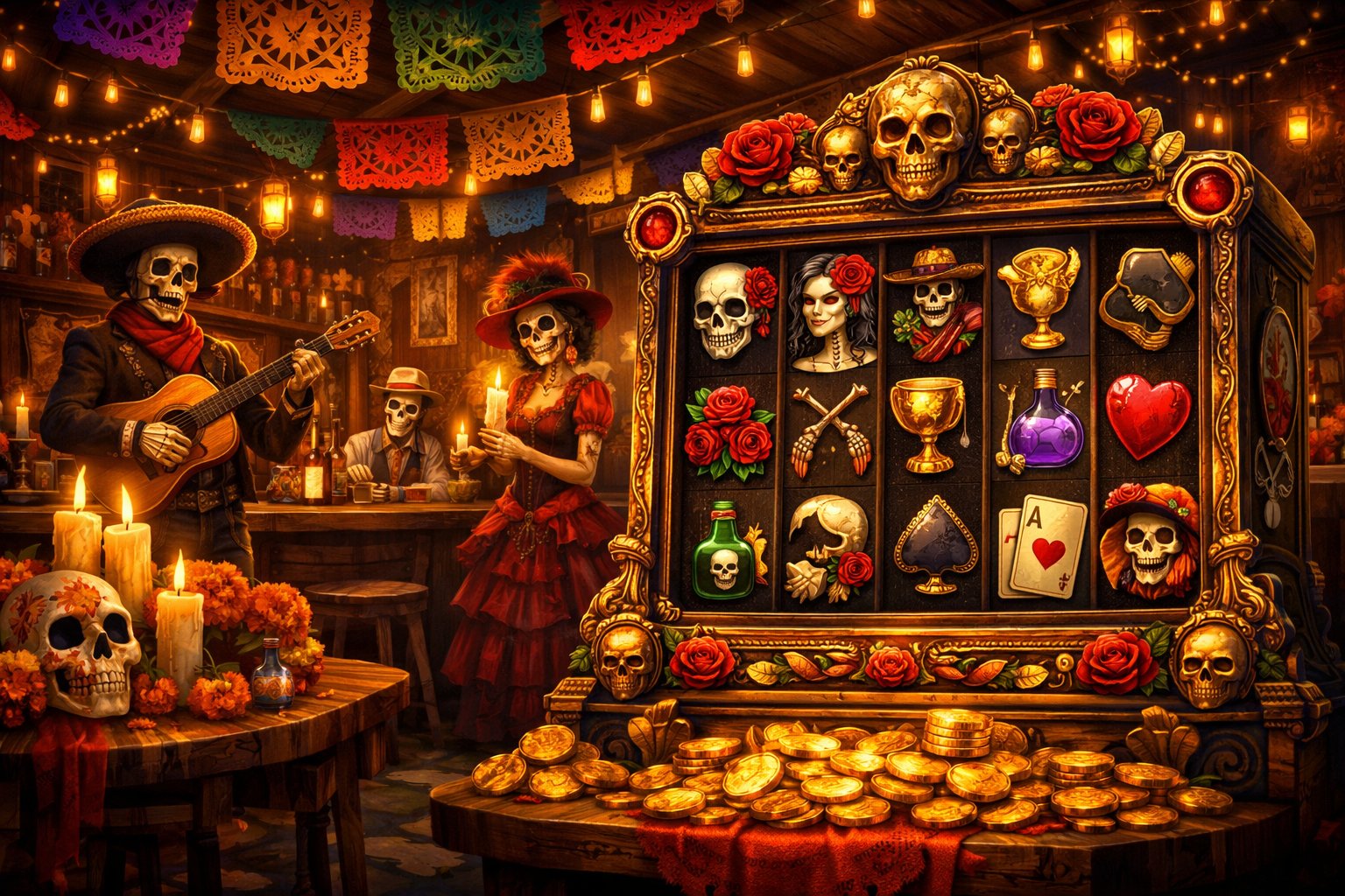 A Lively Mexican Tavern Decorated With Colorful Banners, Candles, Sugar Skulls, Marigold Flowers, And Skeleton Figures, Featuring A Detailed Slot Machine With Skull And Rose Symbols.