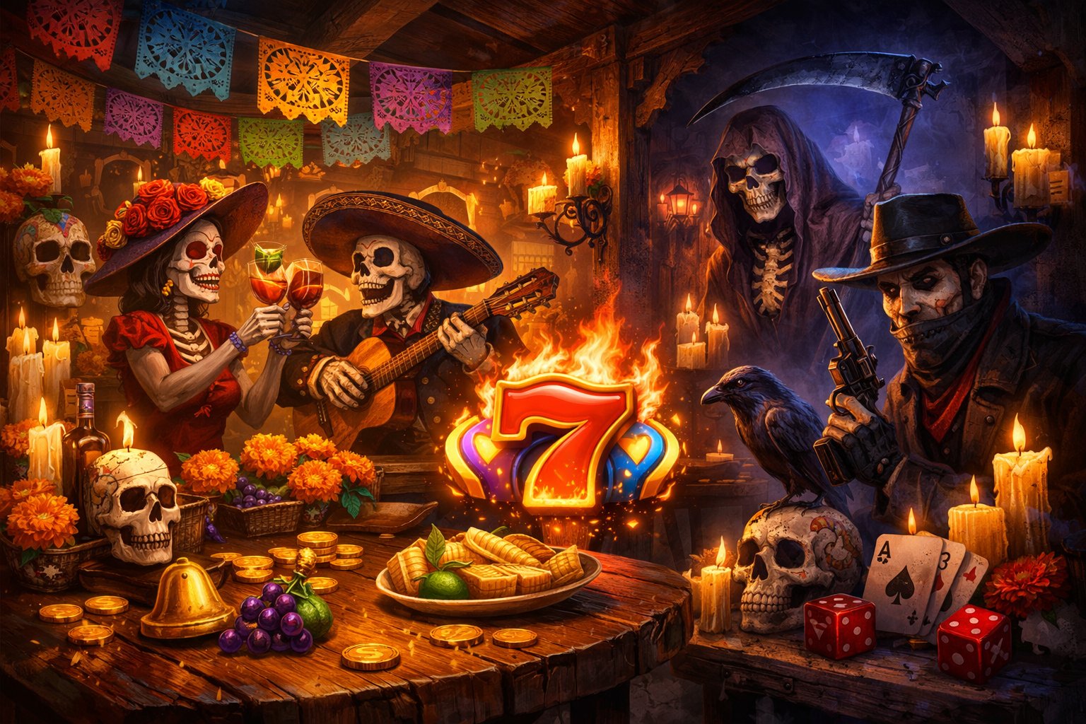 A Colorful Tavern Decorated With Day Of The Dead Skulls, Marigold Flowers, And Candles, Showing A Festive Yet Mysterious Atmosphere With Wooden Tables And Coins.