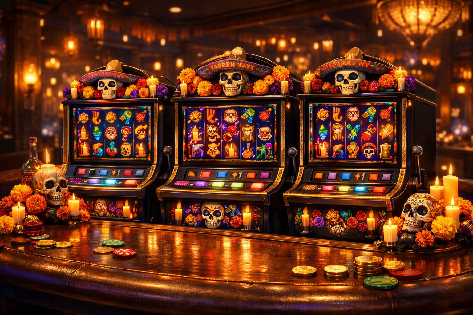 A Casino Table With Several Colorful Slot Machines Decorated With Skulls And Flowers, Set In A Warm, Dimly Lit Environment.
