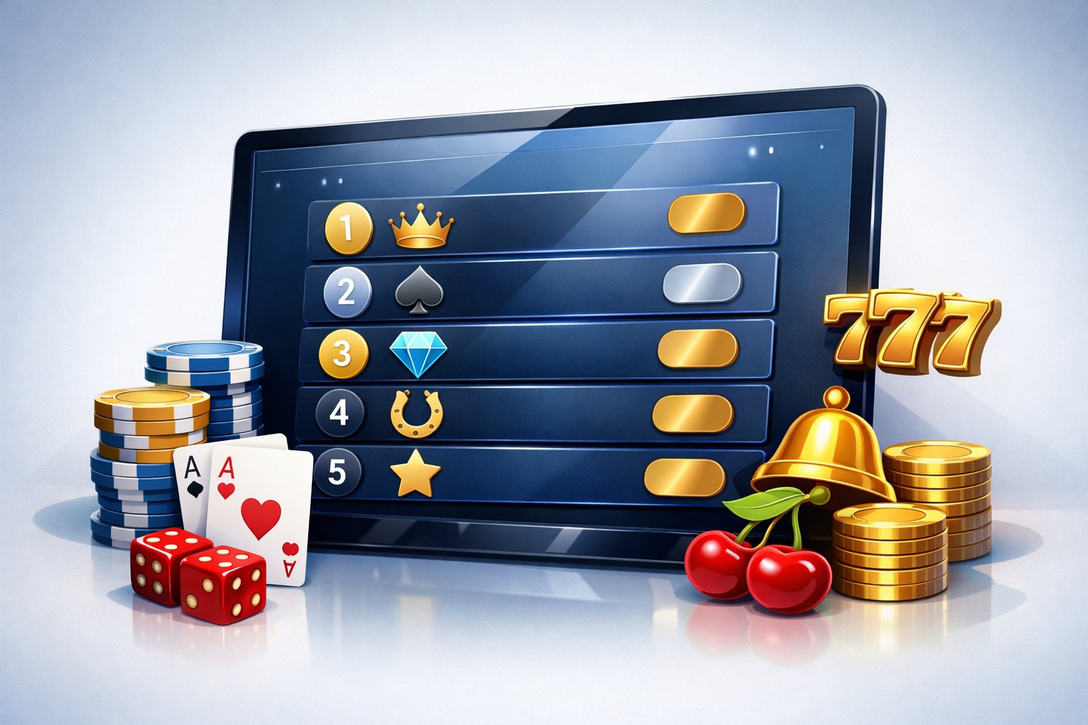 A Digital Screen Showing A Ranked List Of Online Casinos Surrounded By Poker Chips, Playing Cards, Dice, And Slot Machine Symbols.