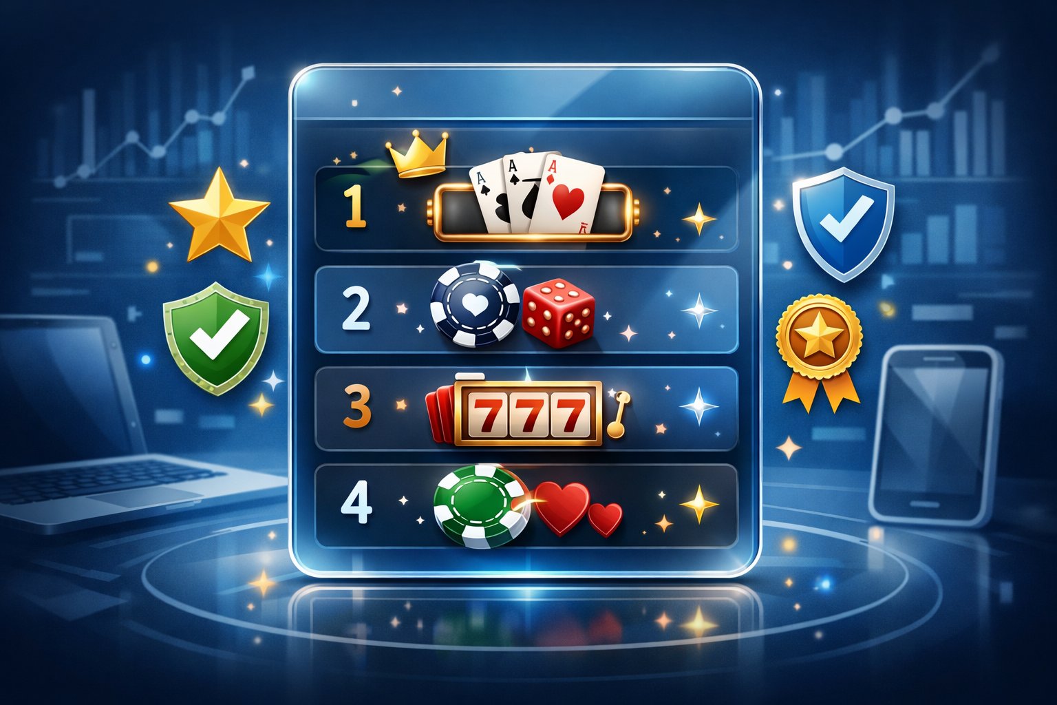 A Digital Leaderboard Showing Ranked Casino Icons With Symbols Like Playing Cards And Poker Chips On A Transparent Screen, Surrounded By Quality Badges And Technology Elements.