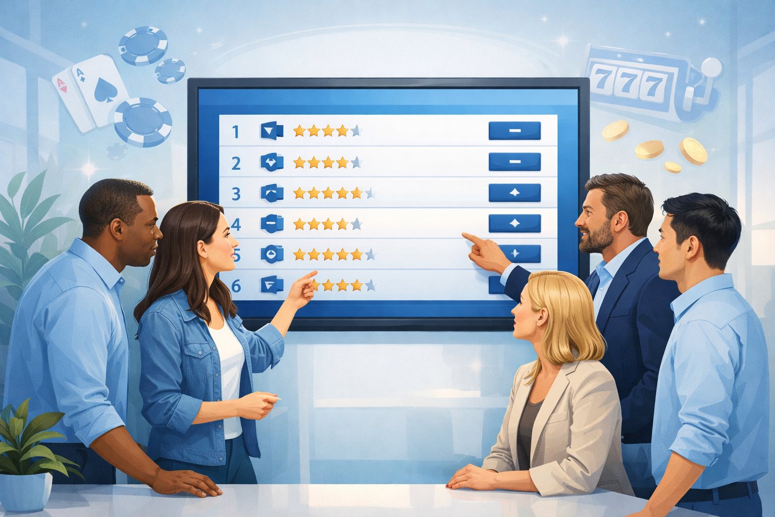 A Diverse Group Of People In A Modern Office Looking At A Large Digital Screen Showing A Ranked List Of Online Casinos With CasinoRelated Elements In The Background.