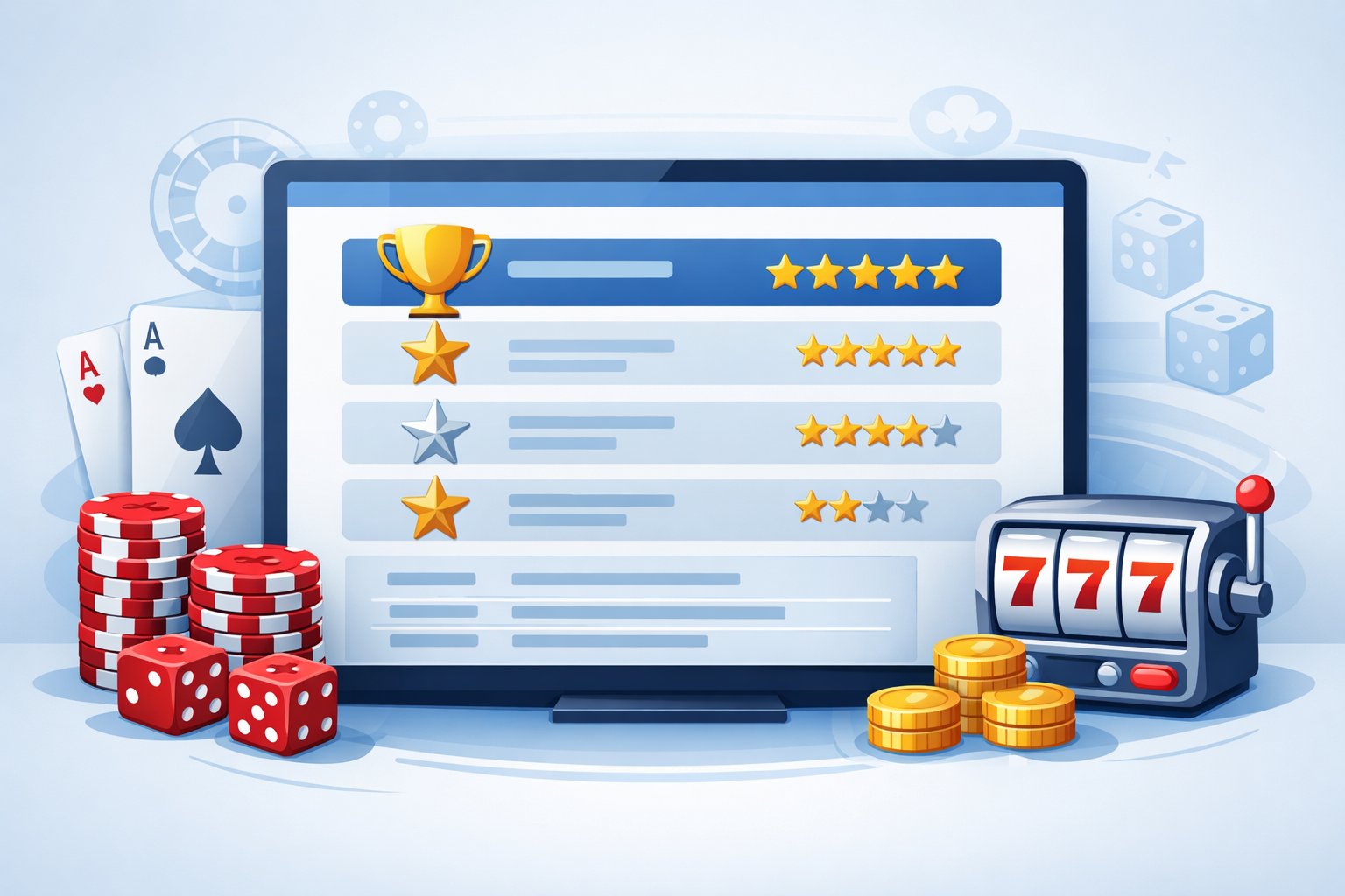 A Computer Screen Showing A Ranked List Of Top Online Casinos Surrounded By Poker Chips, Playing Cards, Dice, And Slot Machine Icons.
