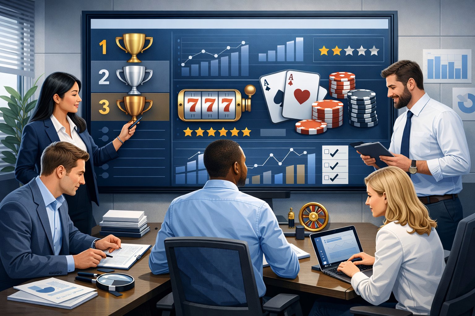 A Group Of Professionals Working Together Around A Digital Screen Showing Charts And Casino Icons, Analyzing Data To Create A Top List.