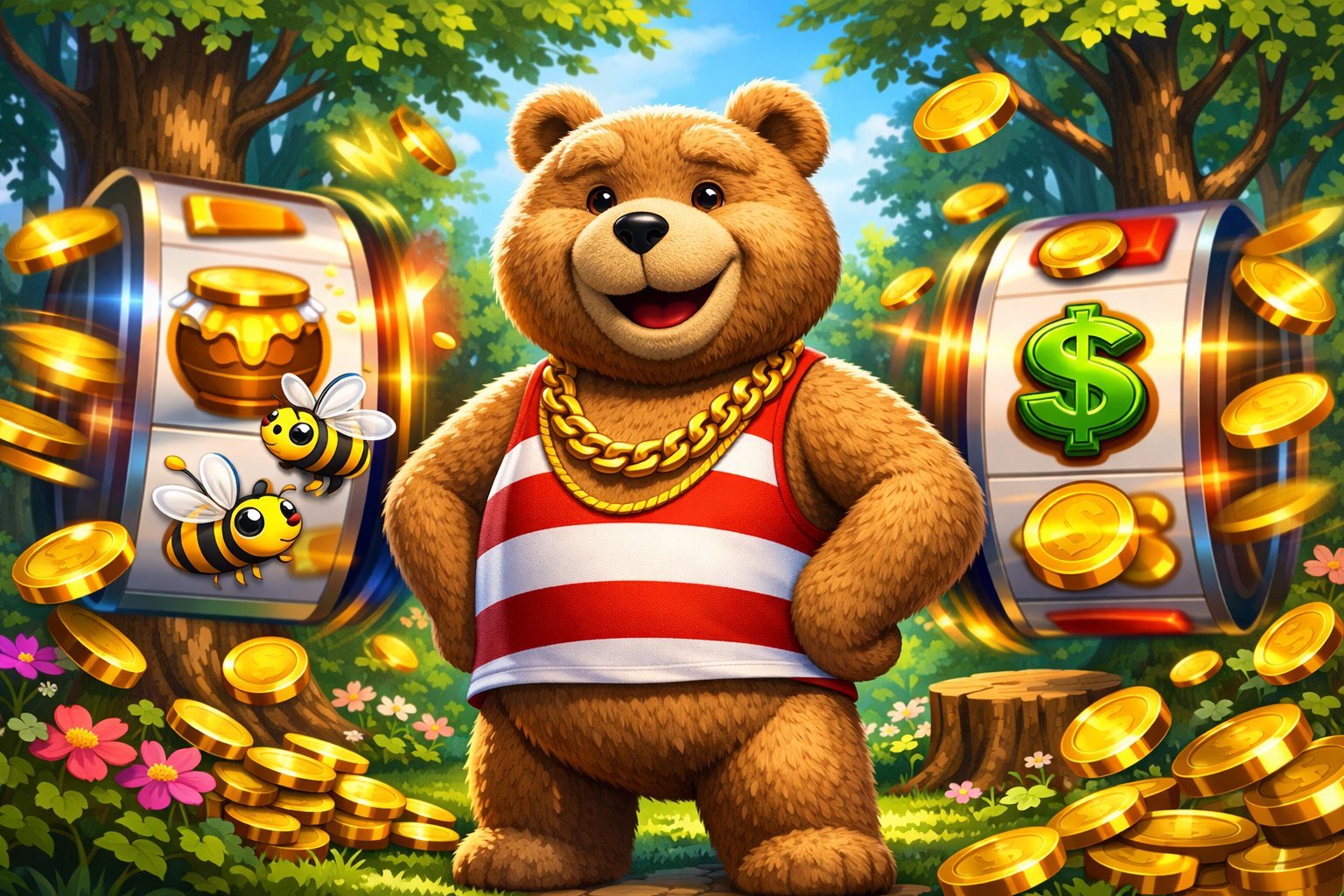 A Cheerful Bear Wearing A Red And White Striped Tank Top Stands In A Green Forest Surrounded By Colorful Spinning Slot Machine Reels Showing Honey Jars, Bees, And Coins.