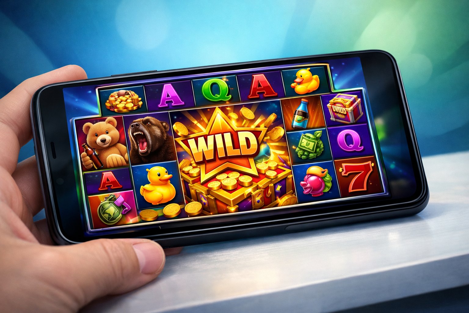 A Smartphone Displaying A Colorful Slot Game Screen With Various Themed Symbols On The Reels.