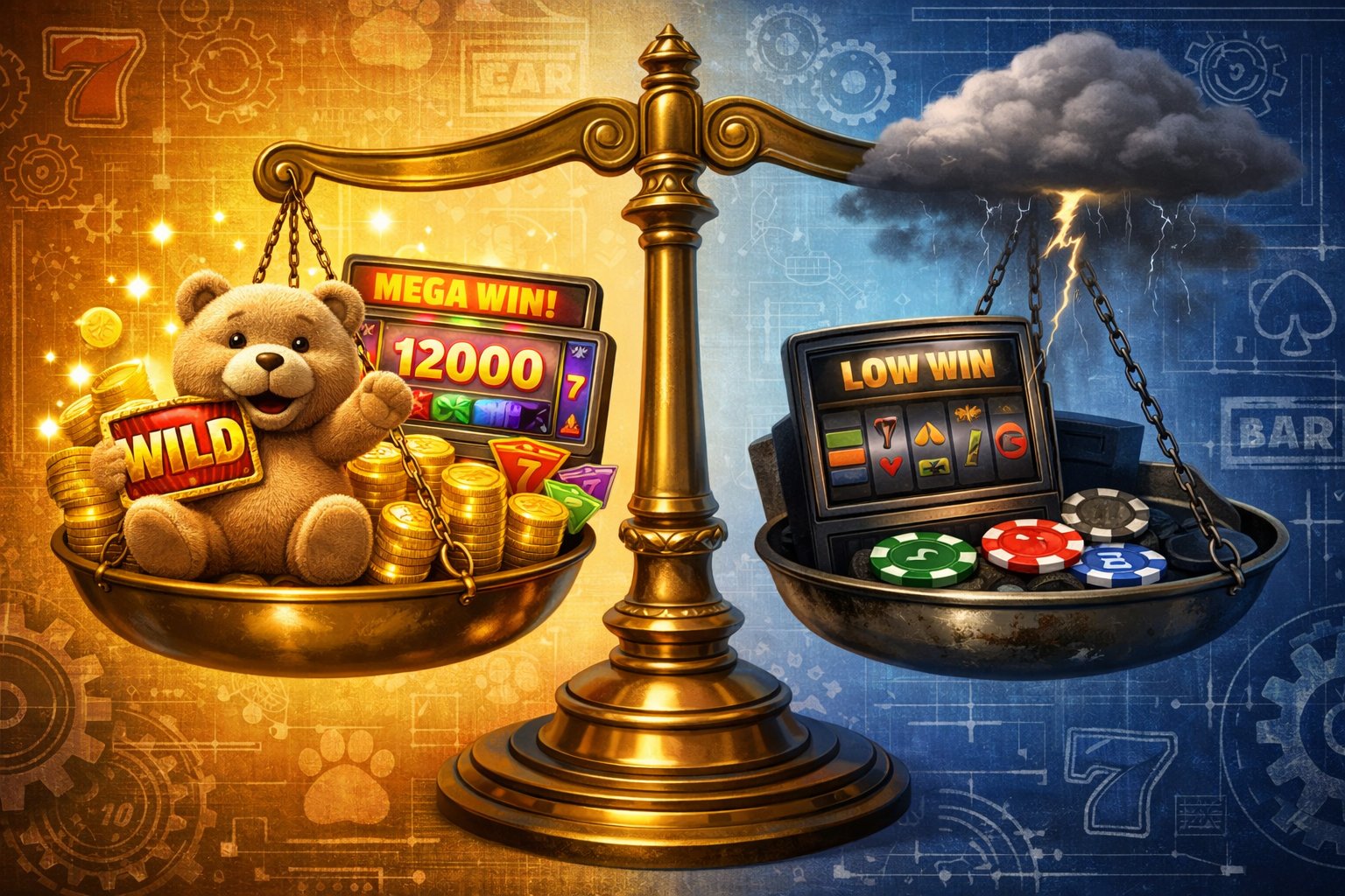 A Balanced Scale Showing Positive And Negative Elements Related To The Ted Megaways Slot Game, With Coins And A Cheerful Bear On One Side And Dimmed Slot Symbols And A Thundercloud On The Other.
