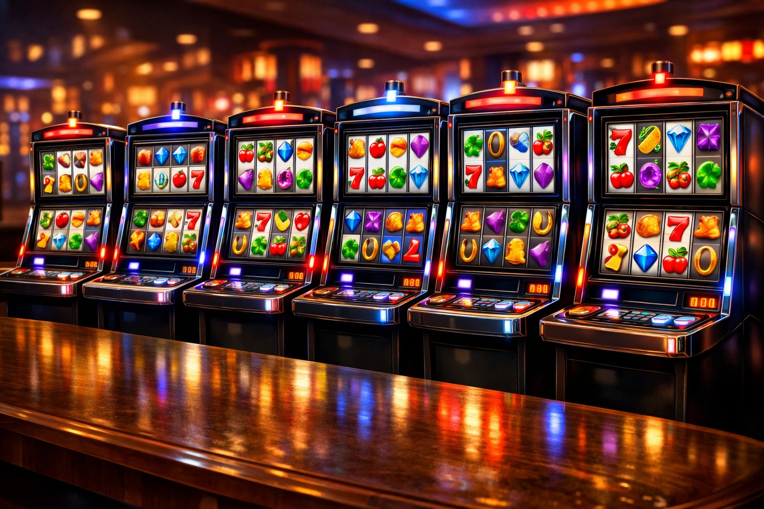 A Casino Table With Several Colorful Slot Machines Lined Up, Showing Various Symbols On Their Reels In A Lively Casino Setting.