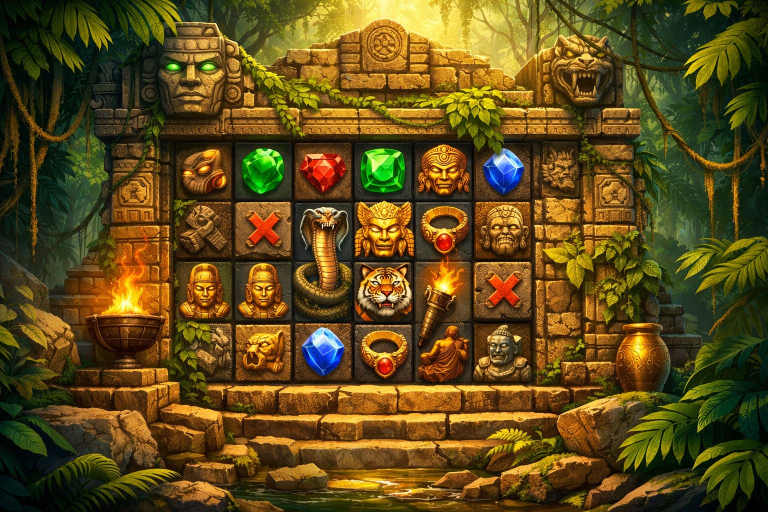 An Ancient Jungle Temple Surrounded By Dense Foliage With A Slot Machine Showing Colorful Reels Of JungleThemed Symbols.