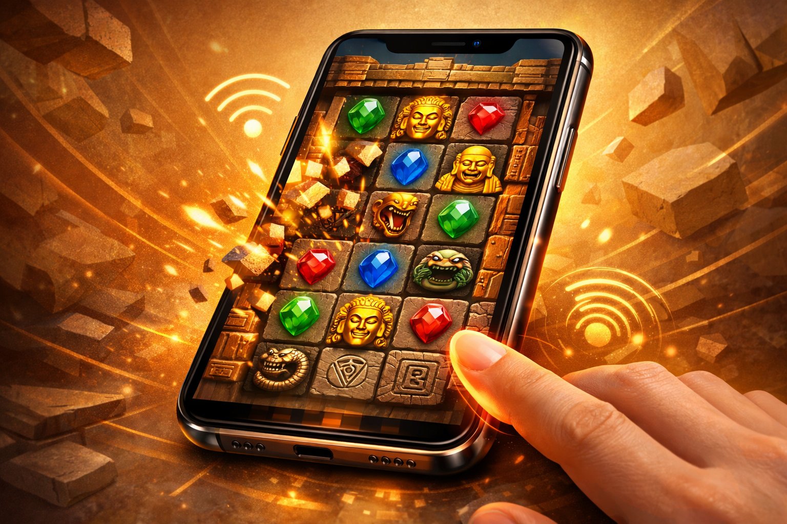 A Smartphone Displaying A Colorful TempleThemed Slot Game With Ancient Symbols And Cascading Reels, Surrounded By Glowing Wireless Signals And Abstract Shapes.
