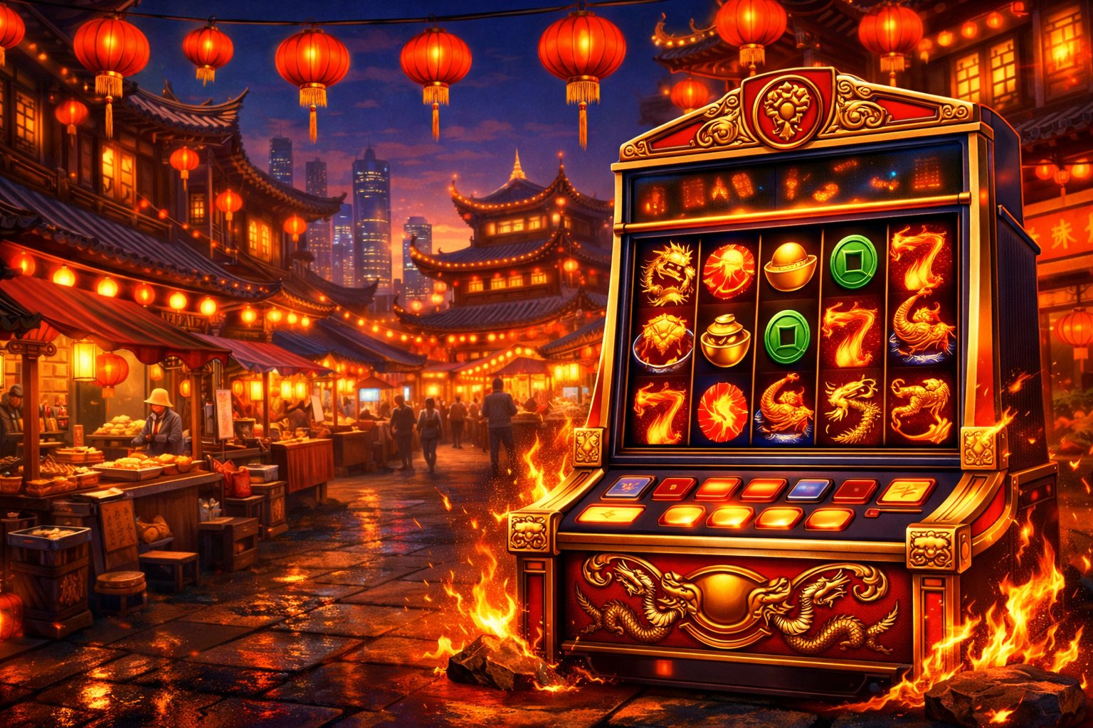 A Lively Chinese Street With Traditional Buildings, Red Lanterns, Market Stalls, And A Slot Machine Featuring Gold Coins, Dragons, And Fire Symbols.