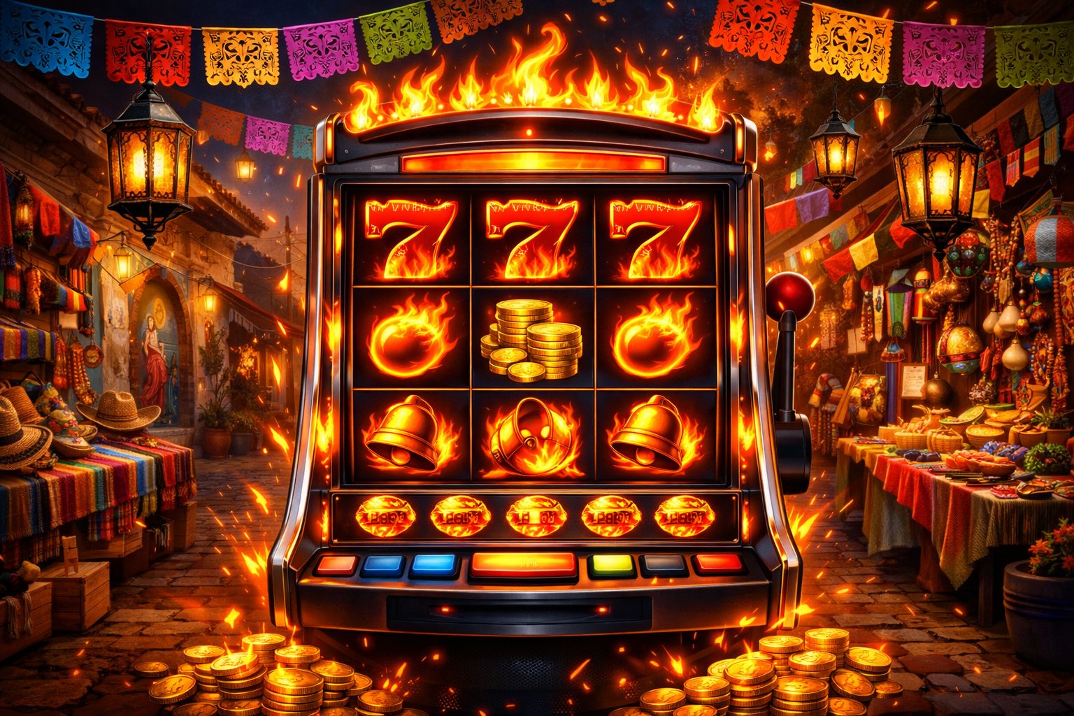 A Colorful Slot Machine Surrounded By Festive Decorations And Market Stalls On A Lively Street With Historic Buildings.