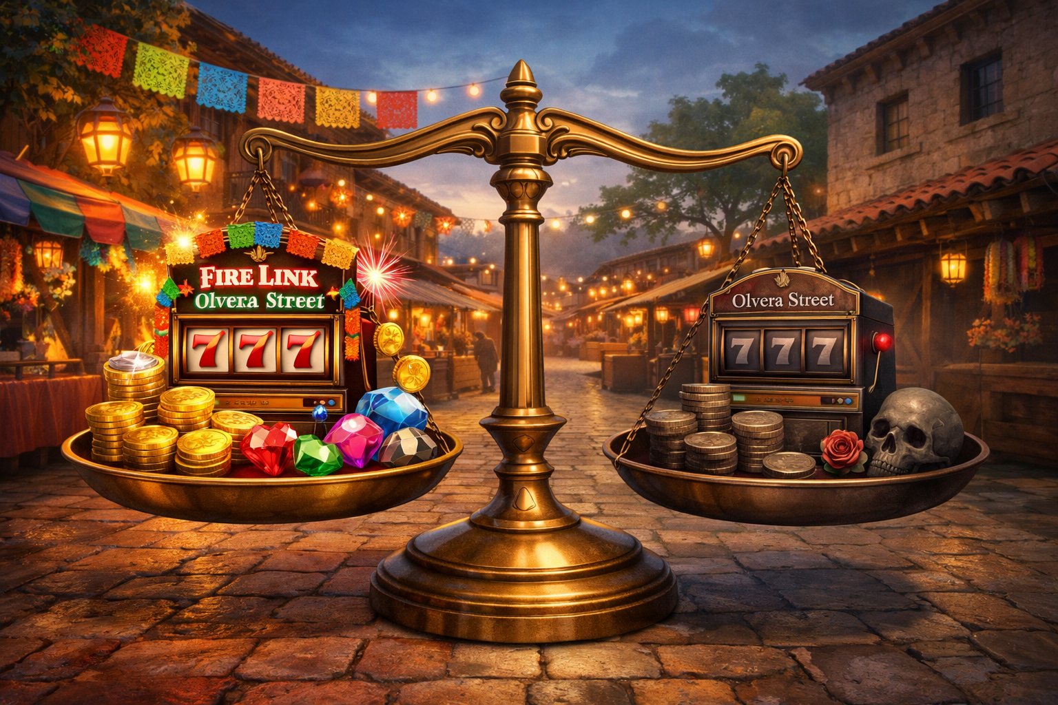 A Balanced Scale With Symbols Representing Positive And Negative Aspects Of A Slot Game, Set Against A Festive Mexican Street Market Scene.