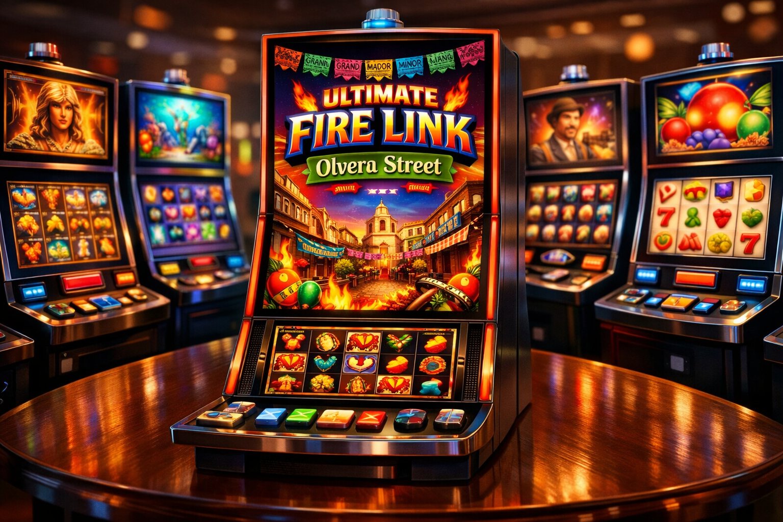 A Casino Table With Several Colorful Slot Machines, Including One Featuring Fiery And Mexican Cultural Designs, All Brightly Lit And Arranged In A Professional Setting.