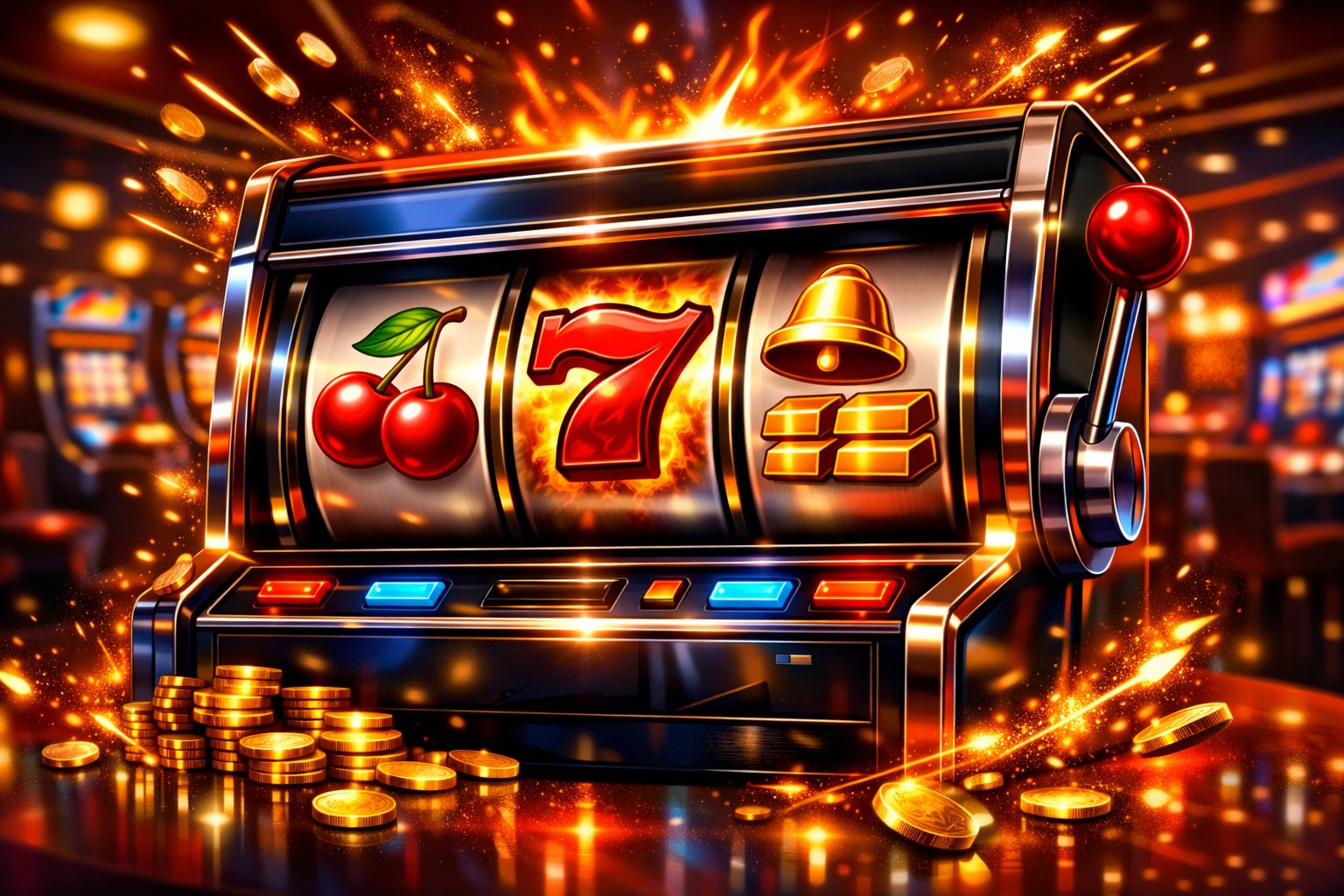 A Vibrant Casino Slot Machine With Glowing Reels Showing Classic Symbols Like Cherries And Sevens, Surrounded By Colorful Lights And Sparks In A Casino Setting.