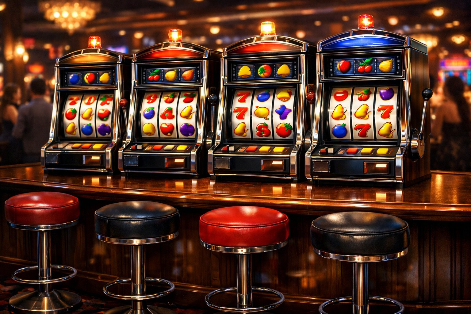 A Casino Table With Several Slot Machines Lined Up, Showing Colorful Reels And A Lively Casino Environment.