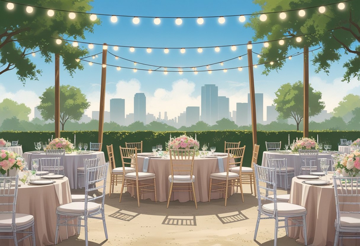 Various types of wedding chairs arranged around decorated tables at an outdoor wedding venue with greenery and city skyline in the background.