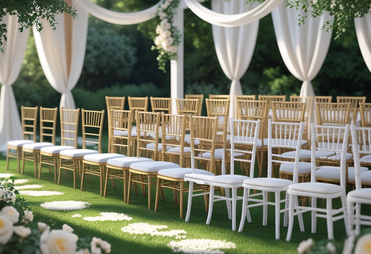 Various types of wedding chairs arranged outdoors in a garden setting with floral decorations.