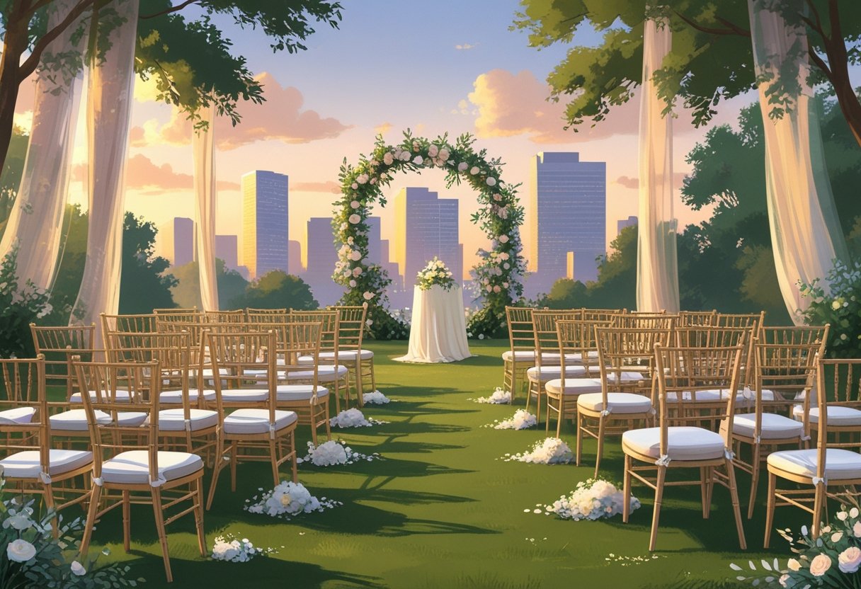 An outdoor wedding setup with various styles of wedding chairs arranged in rows on a grassy area with a city skyline in the background.