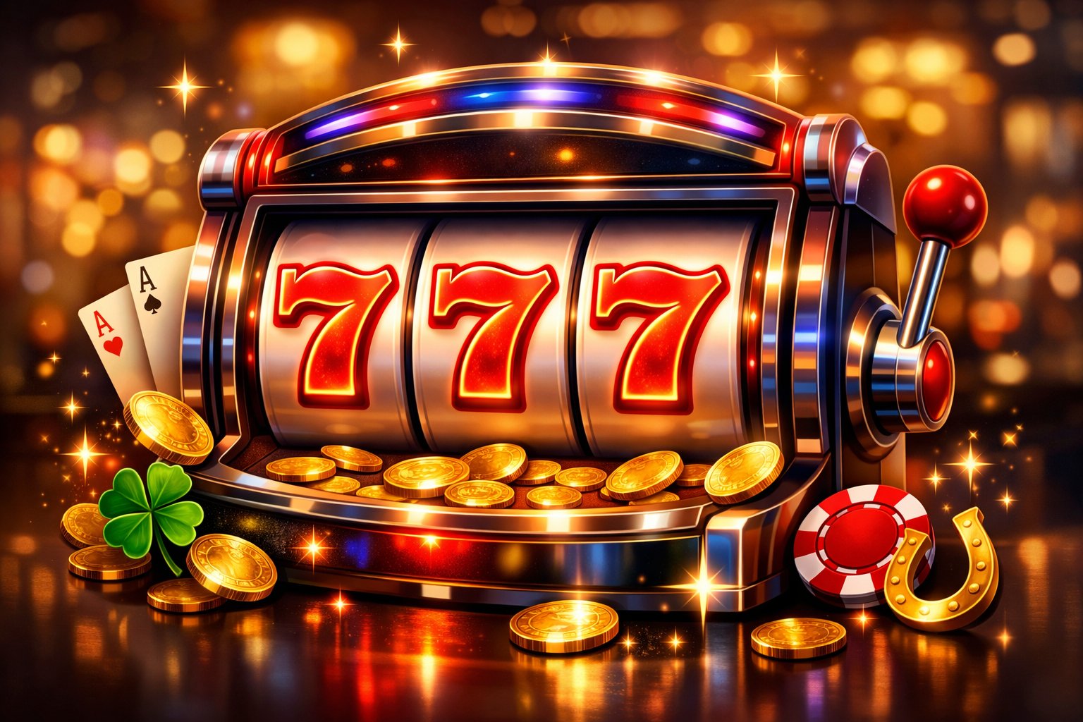 A Brightly Lit Slot Machine Showing Three Sevens On Its Reels With Coins And Stars Around It.