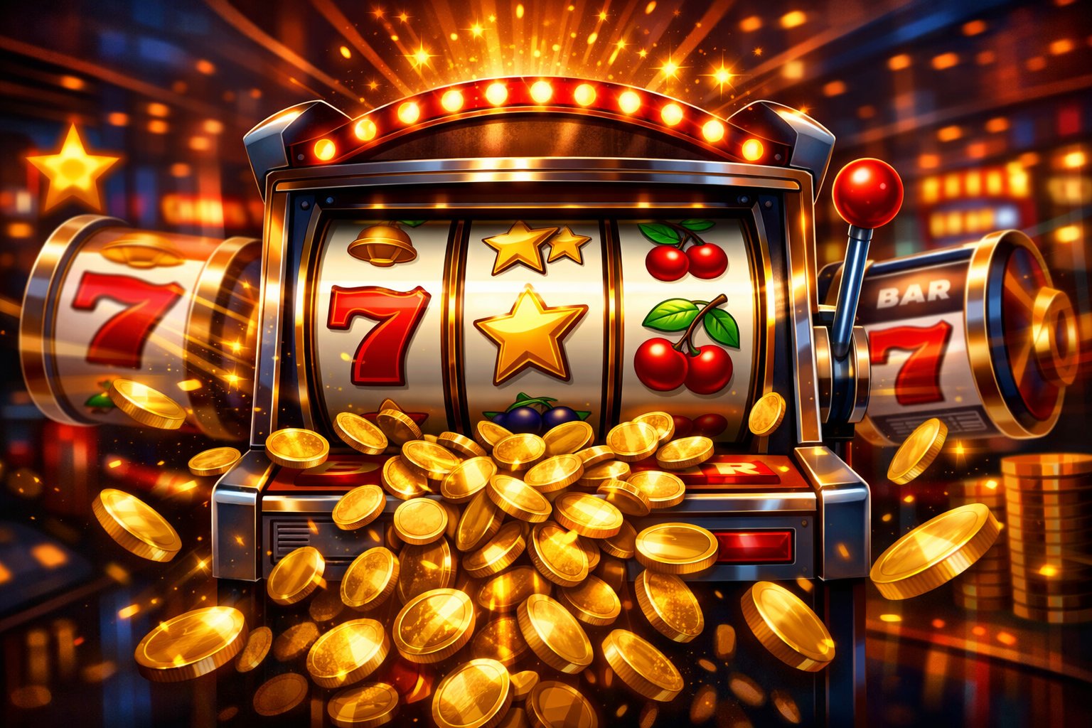 A Slot Machine With Spinning Reels Showing Sevens, Cherries, And Coins, Surrounded By Glowing Jackpot Lights And Falling Coins In A Casino Setting.