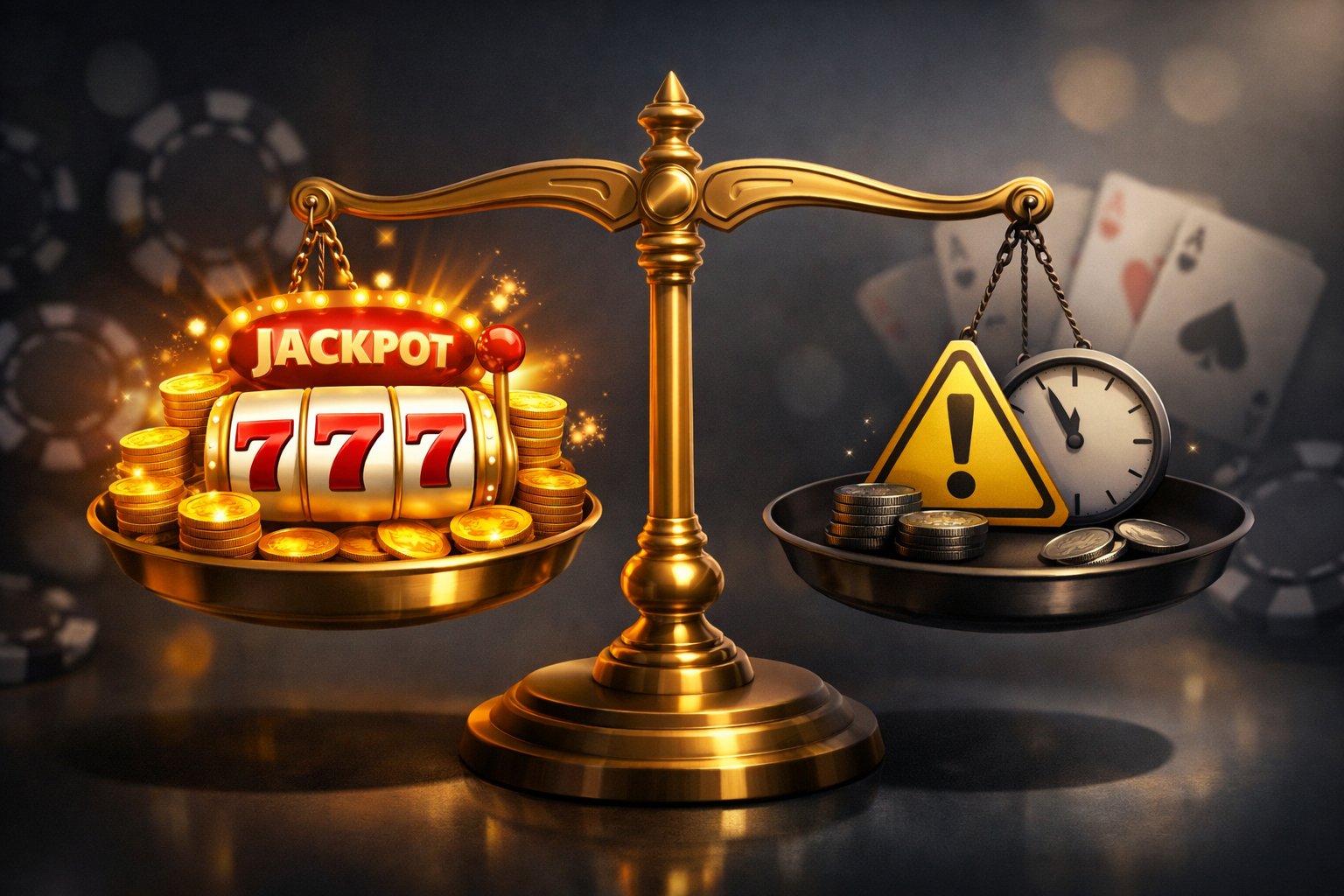 A Balanced Scale With Golden Slot Machine Symbols On One Side And Caution Icons On The Other, Representing Pros And Cons Of A Slot Game.